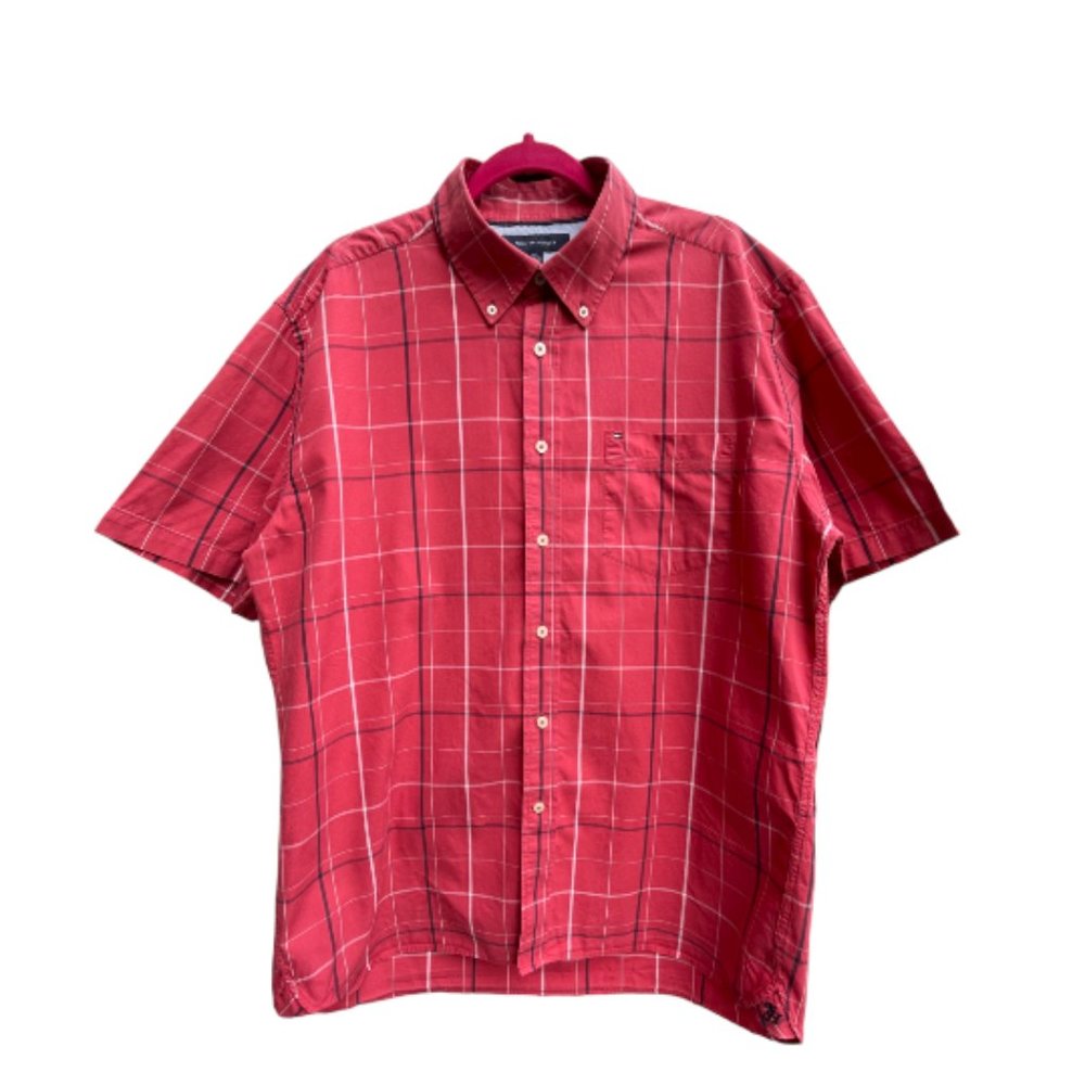 Tommy Hilfiger Short Sleeved Red Check Buttoned Down Shirt Size L - Picture 1 of 8